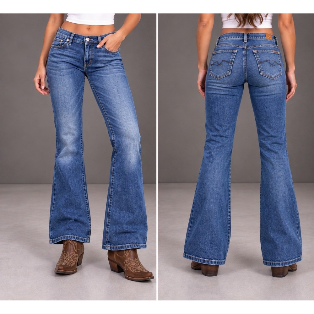 7 For All Mankind Bootcut Jeans Womens 29x35 Dark Blue Distressed Washed Midrise